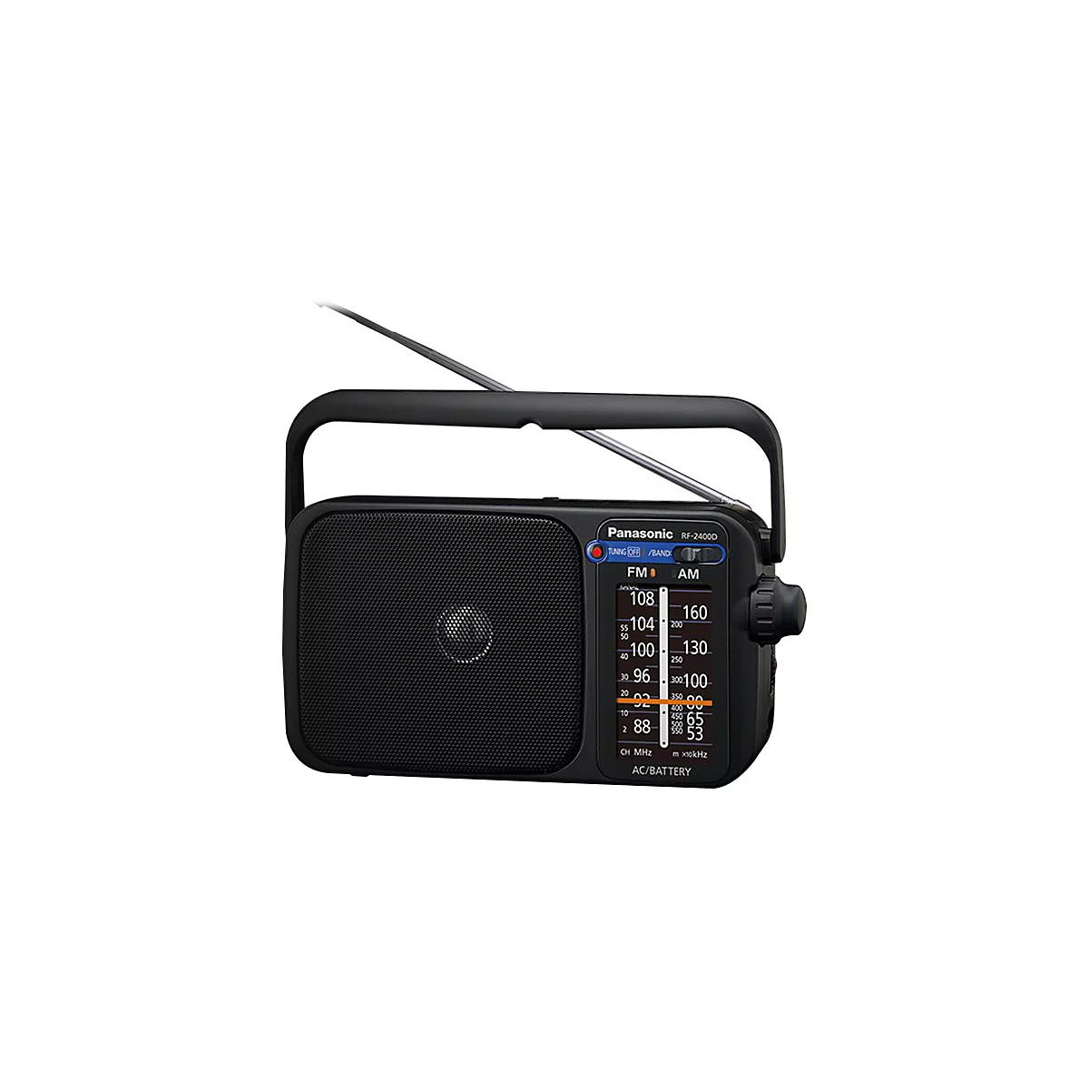 Schwarzes Panasonic-Radio mit Antenne und Tragegriff. Details wie Skala und Lautsprecher sind sichtbar.