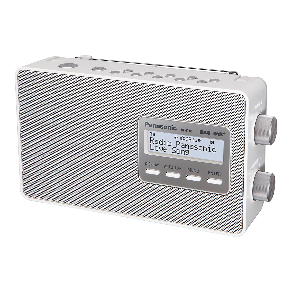Weißes Panasonic-Radio mit Display. Es zeigt Radiosender und Uhrzeit an. Auf der rechten Seite befinden sich Drehregler.