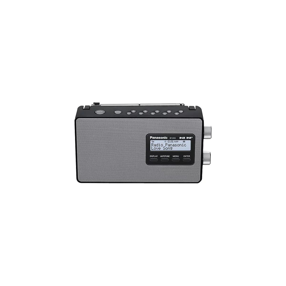 DAB+ Radio von Panasonic. Graues GehÃ¤use, schwarze Bedienelemente und Display. Im Display ist der Radiotext 'Radio Panasonic Love Song' zu sehen.