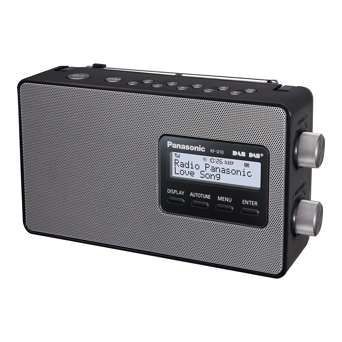 Ein schwarzes Radio von Panasonic mit silberfarbenem Lautsprechergitter und Display. Auf dem Display steht Radio Panasonic Love Song.