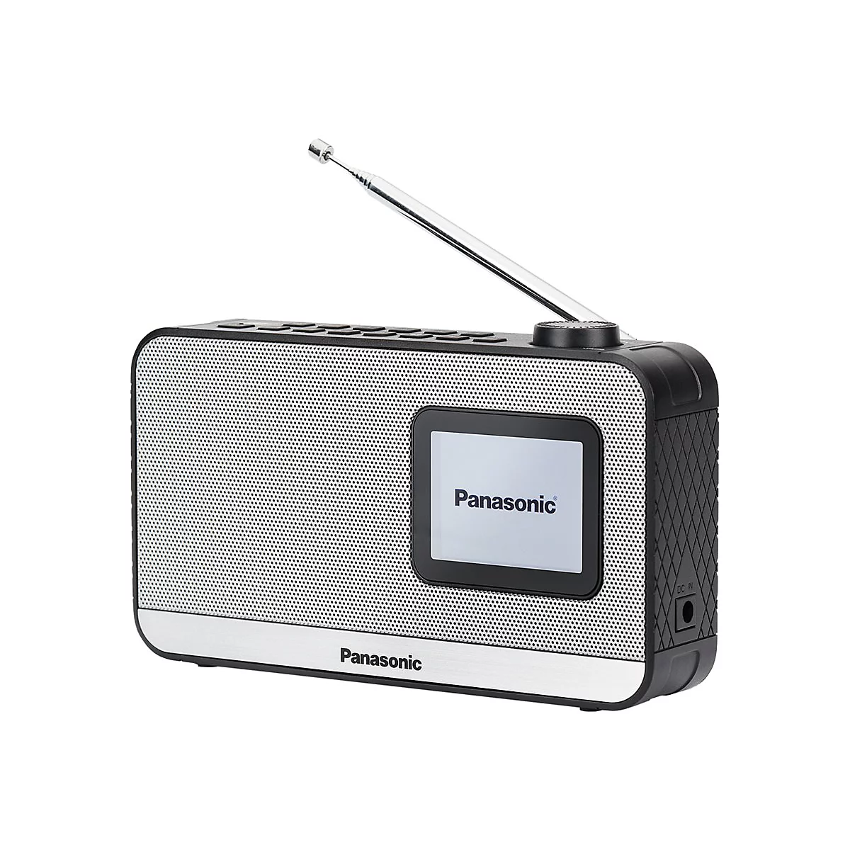 Ein graues Panasonic-Radio mit ausziehbarer Antenne. Auf dem Bildschirm steht Panasonic. Das Gehäuse ist schwarz und silberfarben.