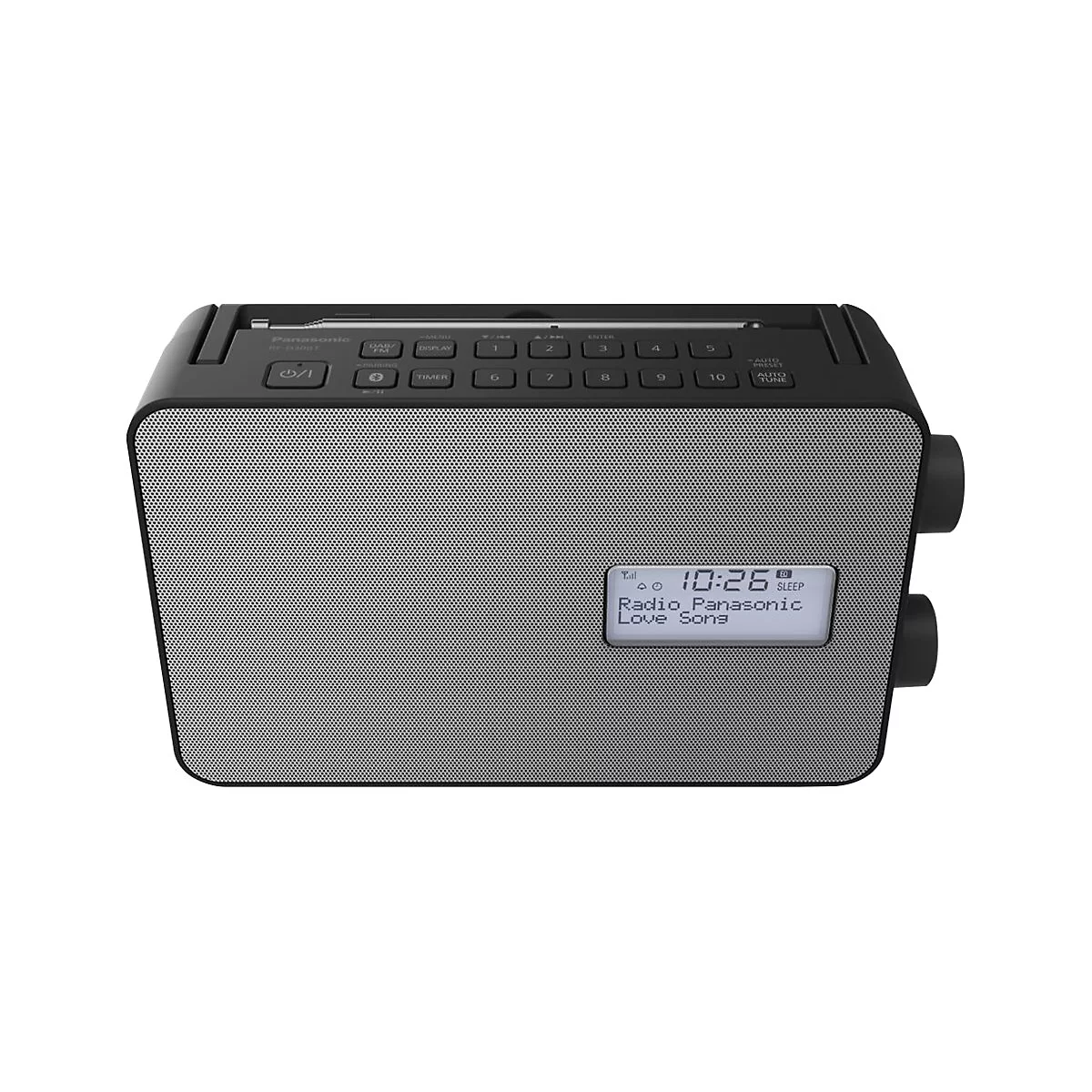 Ein schwarzes Panasonic-Radio mit digitaler Anzeige, die Zeit und Sender anzeigt. Knöpfe und Drehregler an den Seiten.