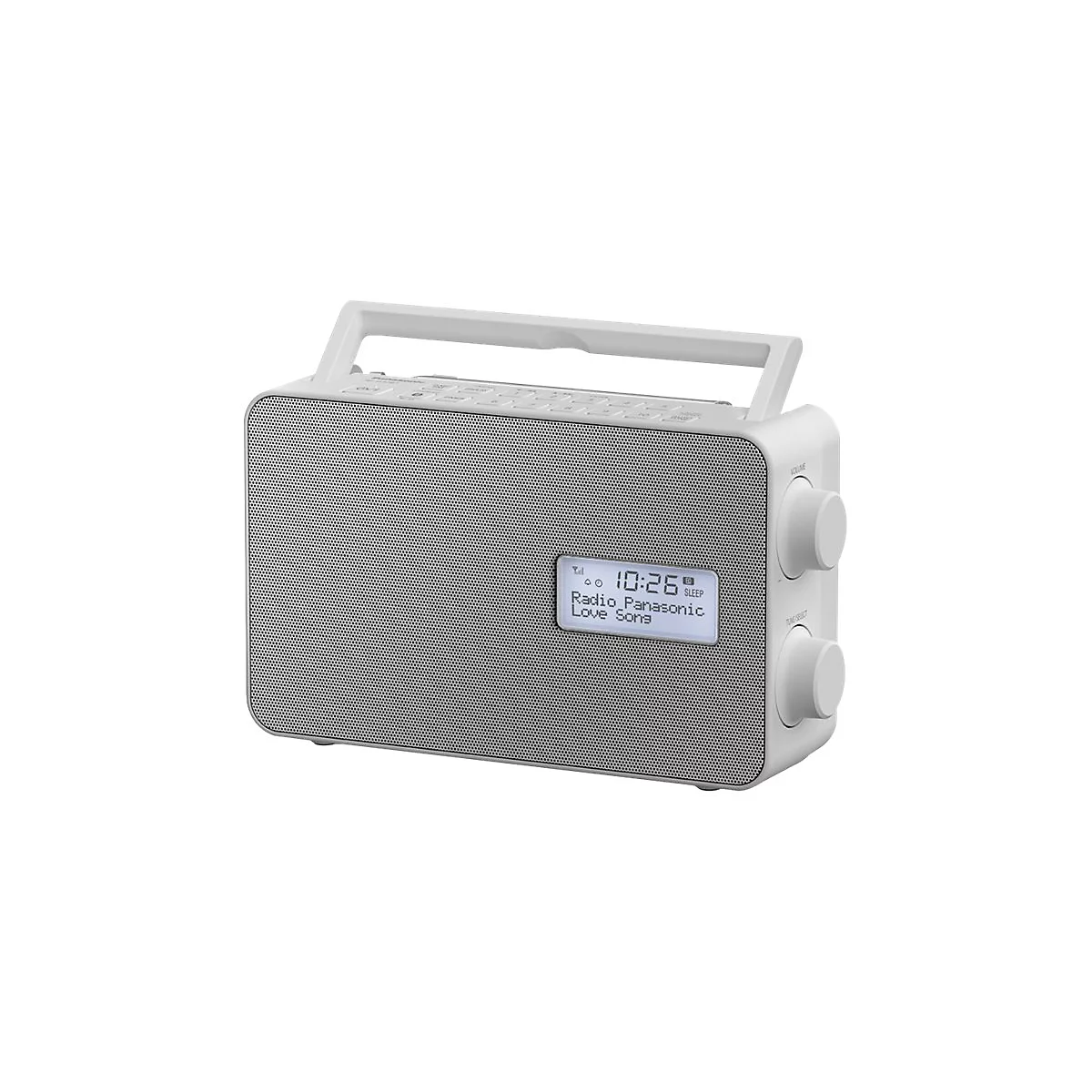 Weißes Radio mit Griff und Display. Auf dem Display steht „10:26“ und „Radio Panasonic Love Song“.