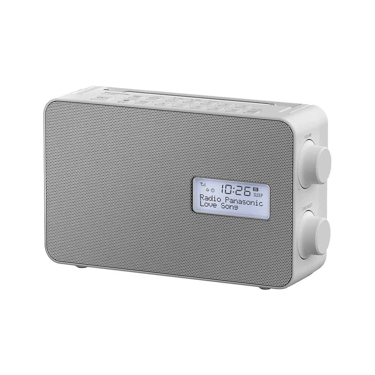 Graues Radio mit Lautstärkeregler und kleinem Display. Auf dem Display: 10:26 Uhr, Radio Panasonic Love Song.