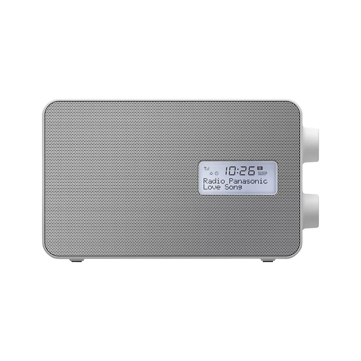 Graues Radio mit Bildschirm, zeigt 10:26 Uhr und "Love Song". Zwei weiße Drehknöpfe rechts.