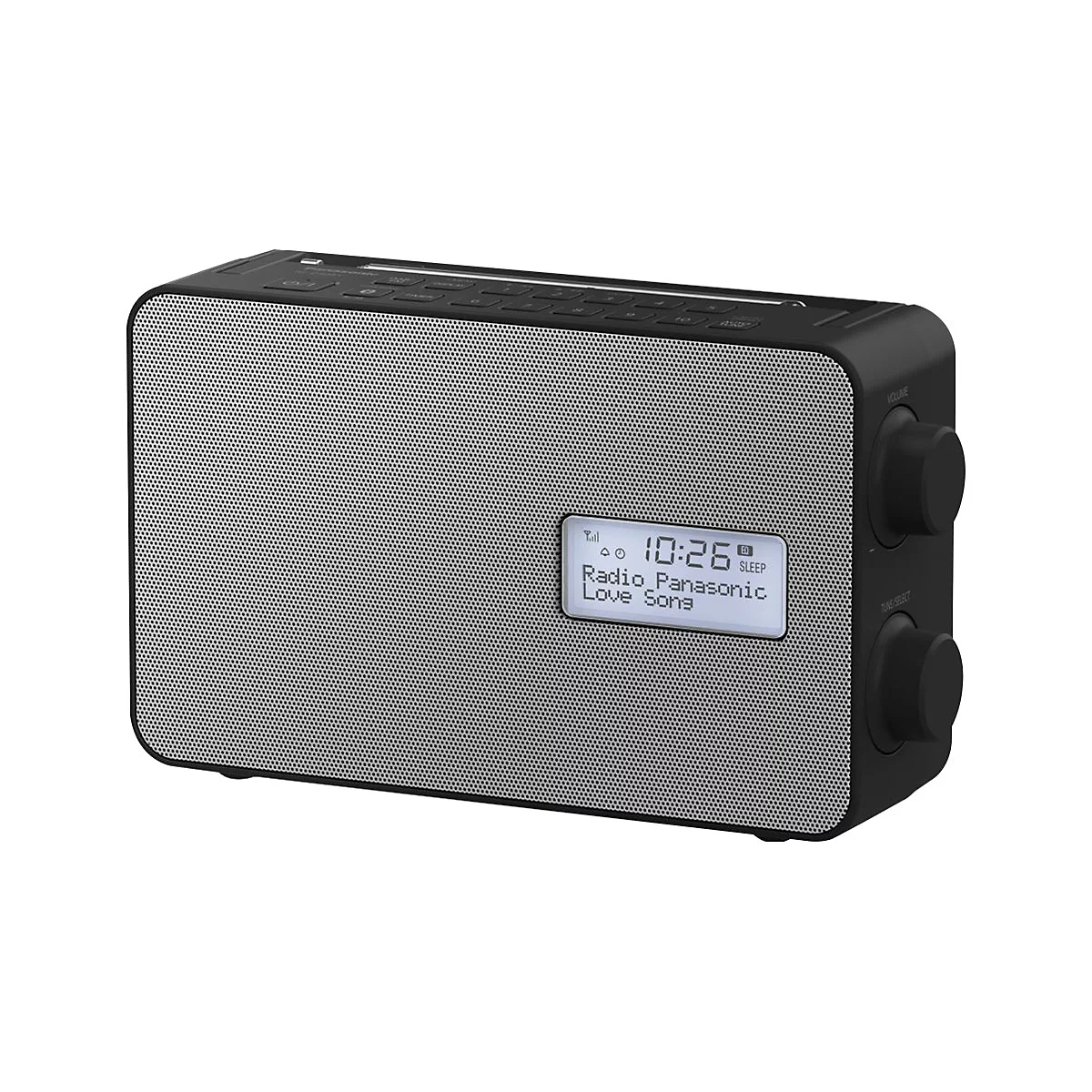 Radio gris avec affichage numérique indiquant l'heure et la station, et boutons pour le volume et la sélection de la station. Inscription : Radio Panasonic Love Song.