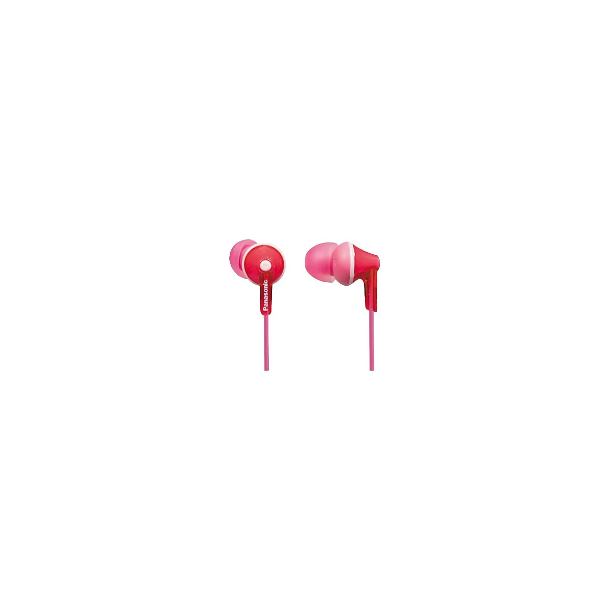 Zwei pinkfarbene In-Ear-Kopfhörer mit roten Akzenten und dem Panasonic-Logo.