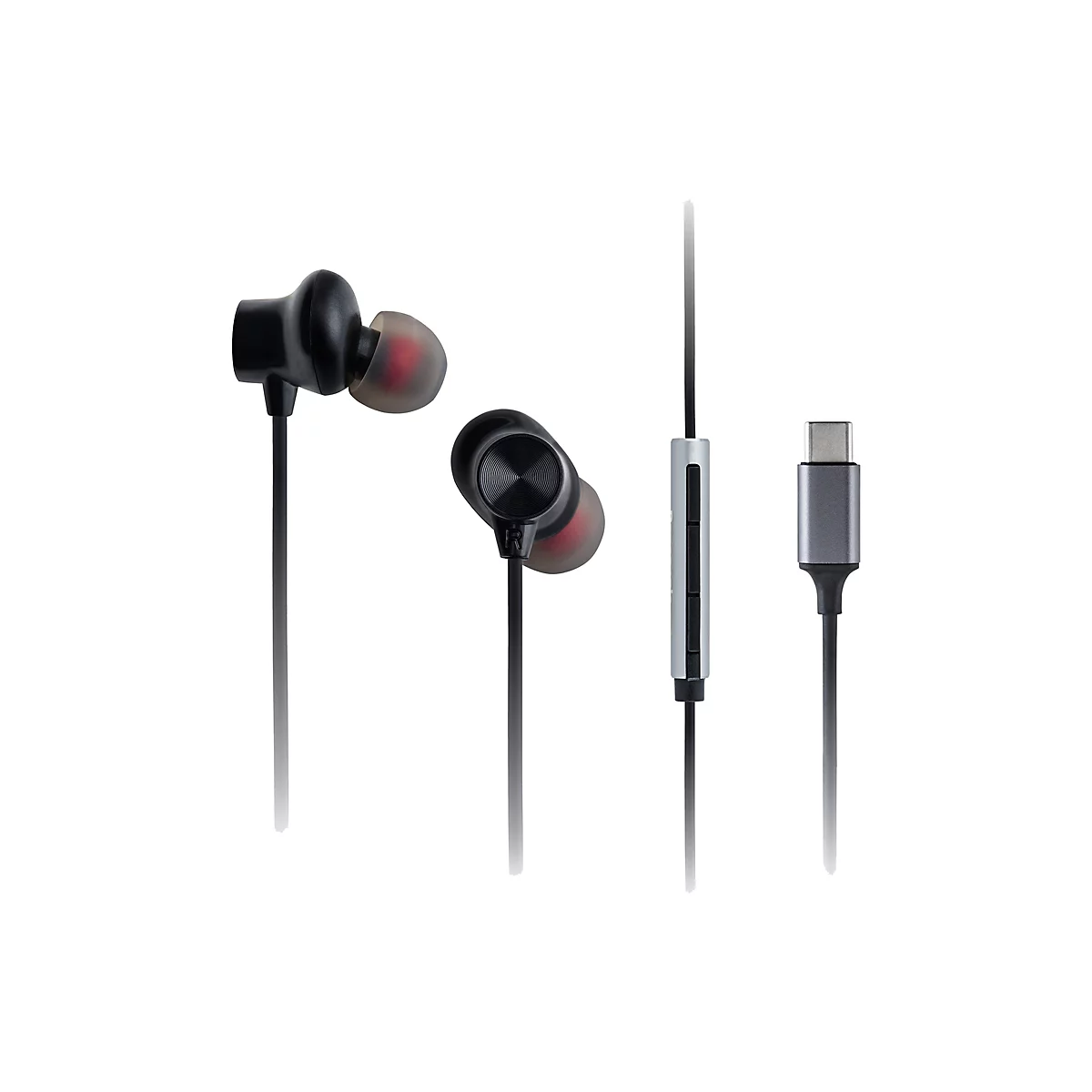 Schwarze In-Ear-Kopfhörer mit USB-C-Anschluss, Kabelfernbedienung und transparenten Silikon-Ohrstöpseln.