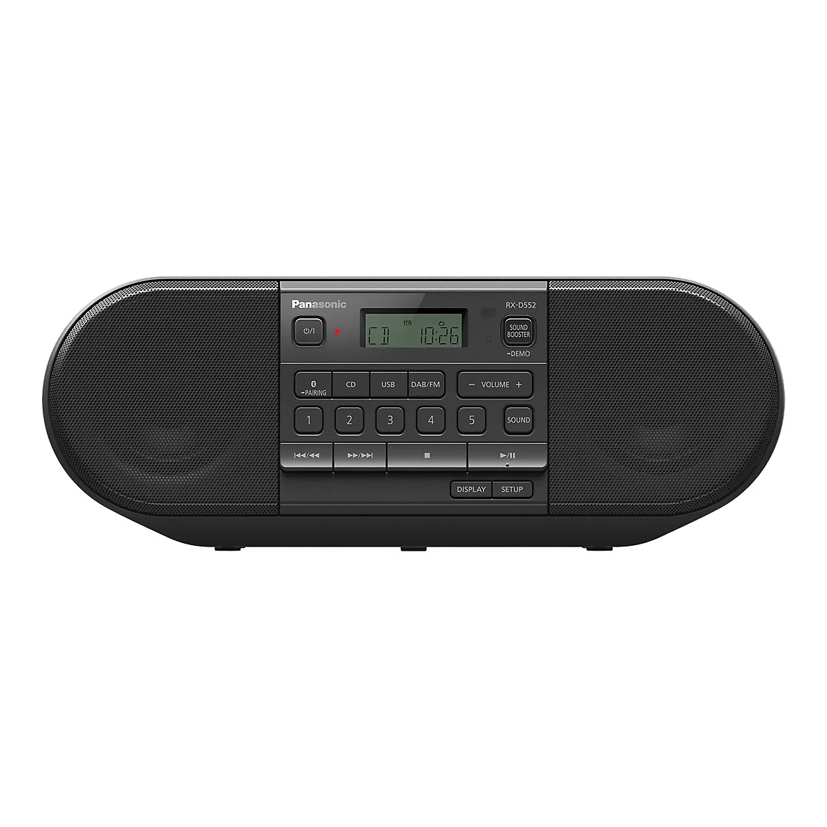 Radio Panasonic noir avec écran et boutons.