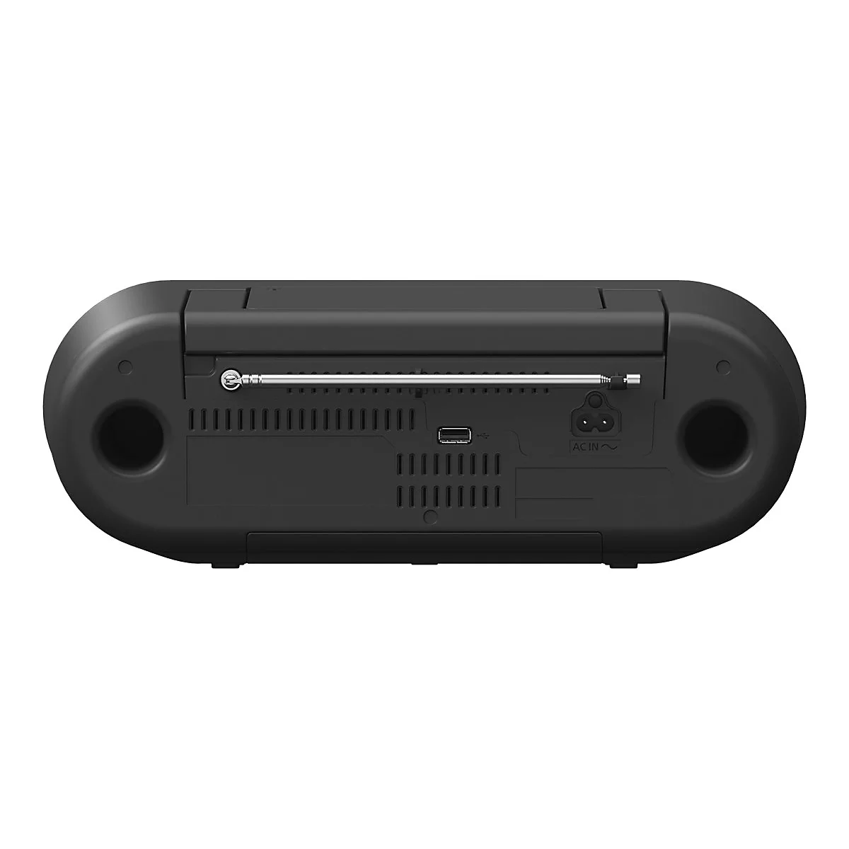 Schwarzes tragbares Radio, Rückansicht. Mit Antenne, USB-Anschluss und Netzanschluss.