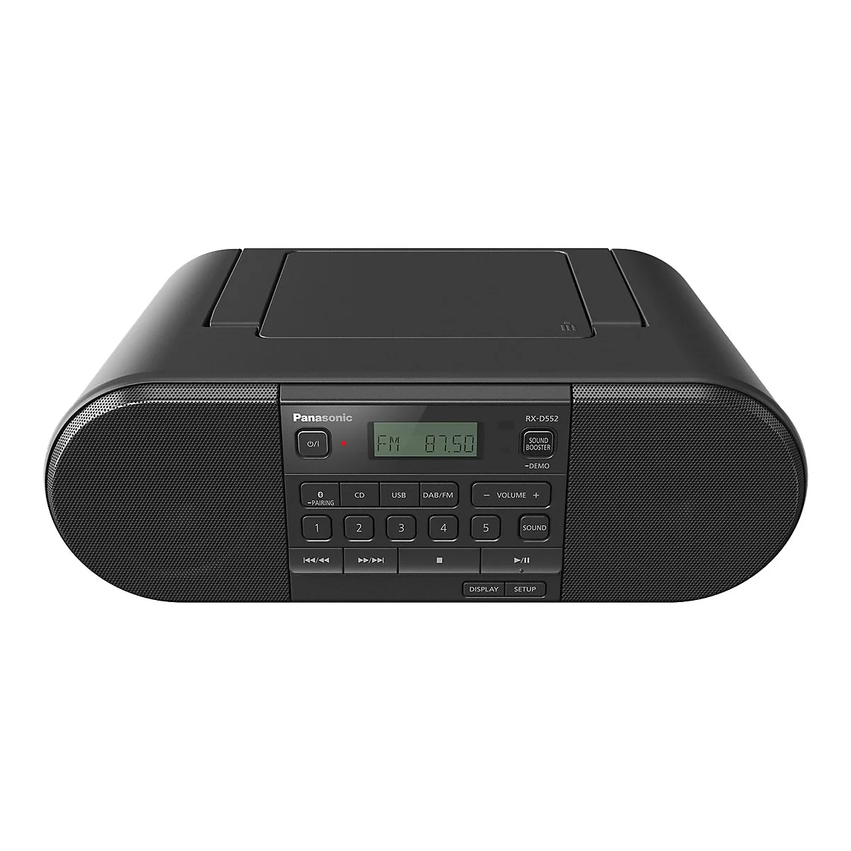 Schwarzes Panasonic-Radiogerät. Digitalanzeige mit FM 87,50. Bedientasten und Lautsprechergitter sind sichtbar.