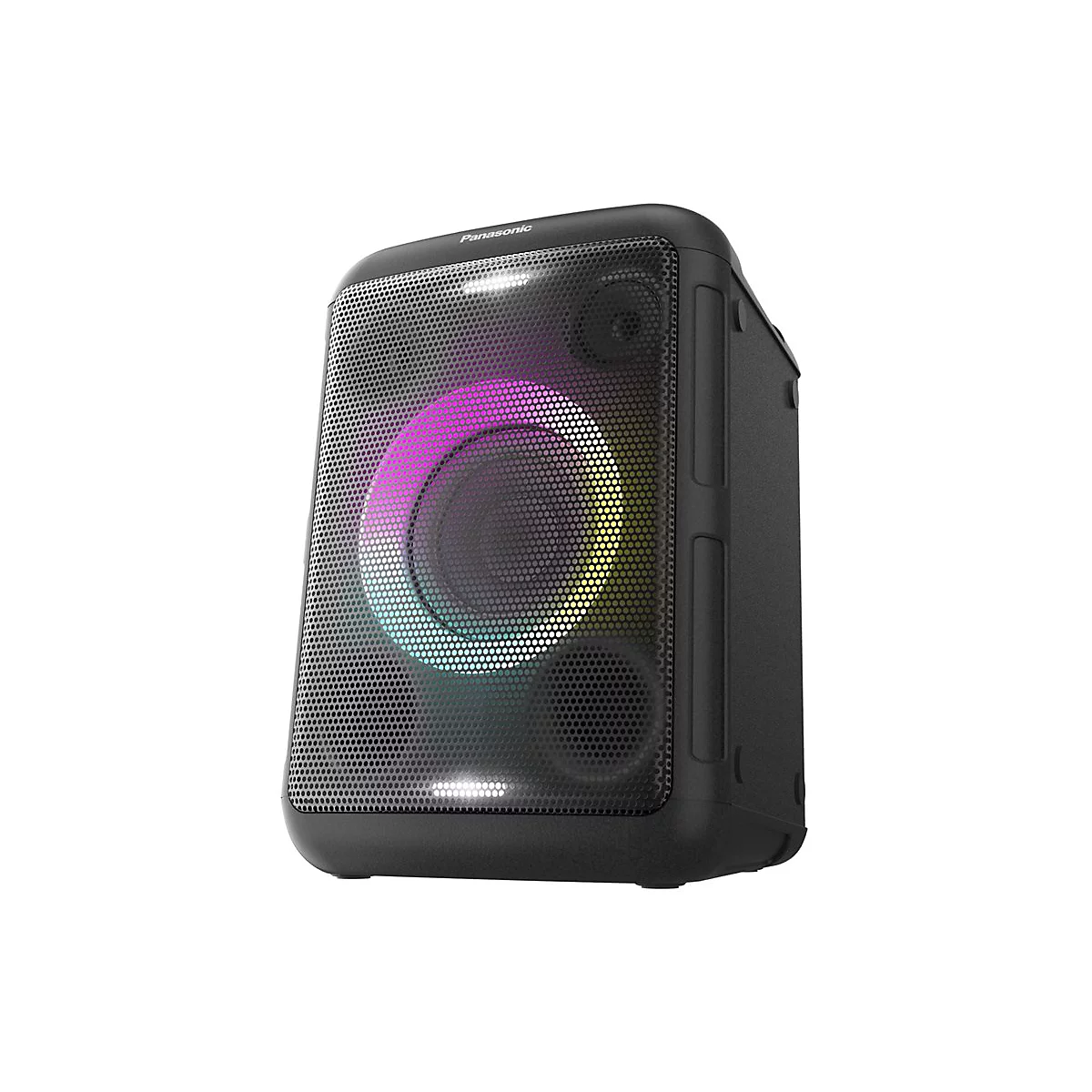 Schwarzer Panasonic Lautsprecher mit leuchtendem, buntem RGB-Lichtring hinter dem Frontgitter.