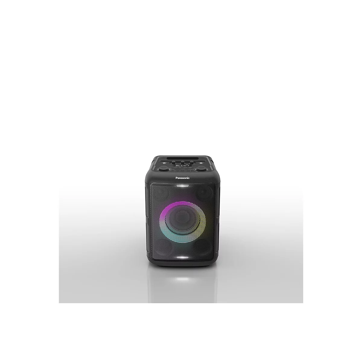 Schwarzer Panasonic Lautsprecher mit leuchtendem, buntem RGB-Ring vor neutralem Hintergrund.