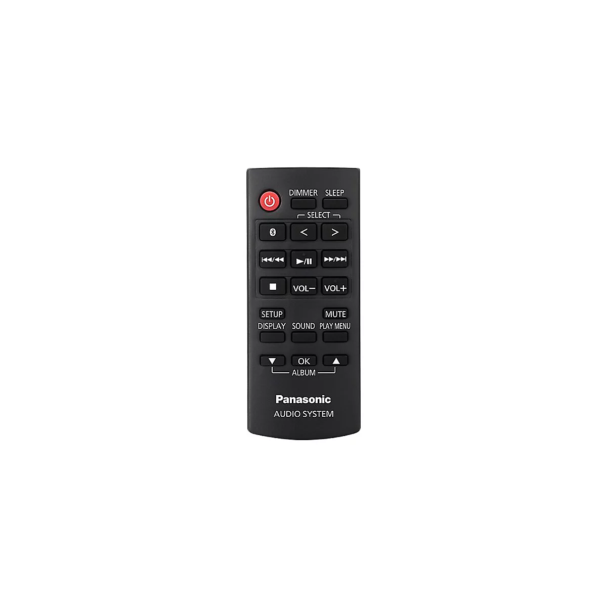 Télécommande Panasonic noire avec boutons, tels que marche/arrêt, bluetooth, volume, sourdine et options de menu, sur fond blanc.