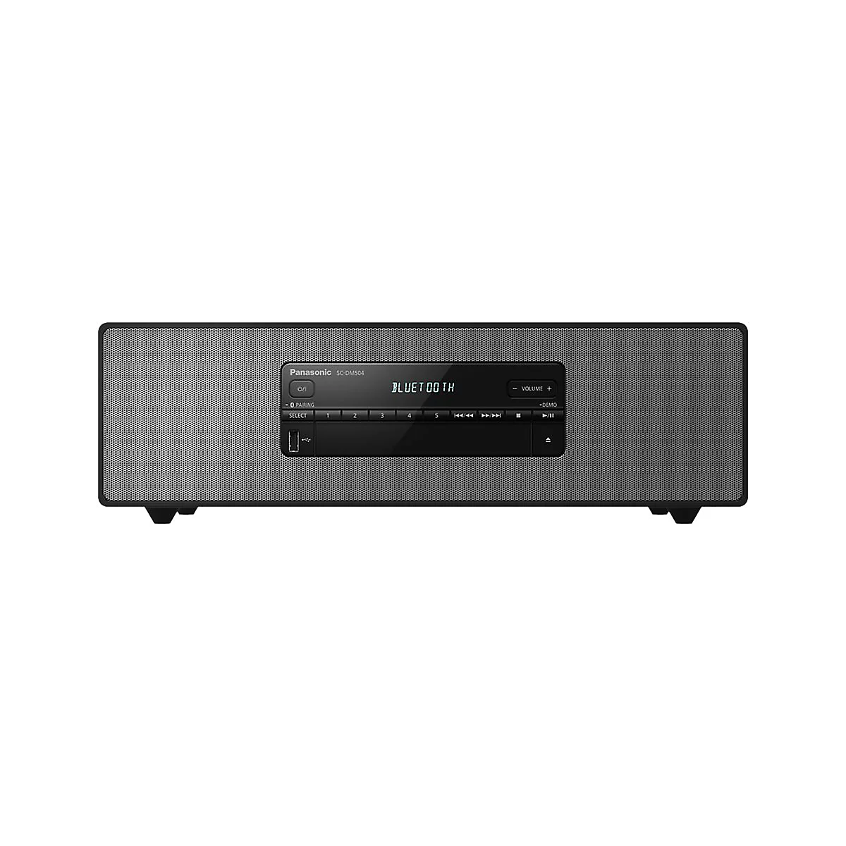 Un système audio noir Panasonic SC-DM504 avec grilles de haut-parleurs et commandes pour Bluetooth et connexions USB.