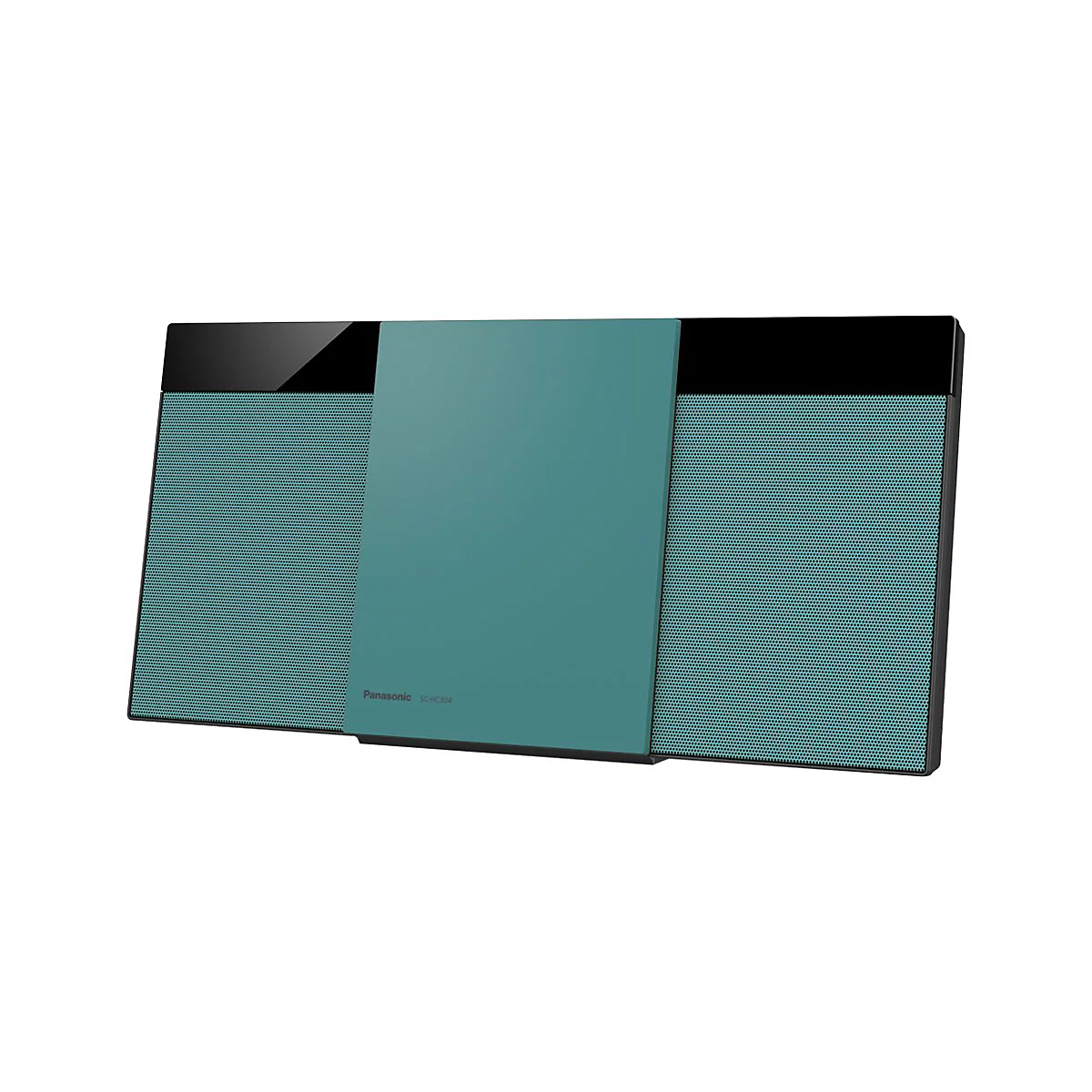 Kompaktes Panasonic SC-HC304 Audiosystem in Türkis und Schwarz vor weißem Hintergrund.