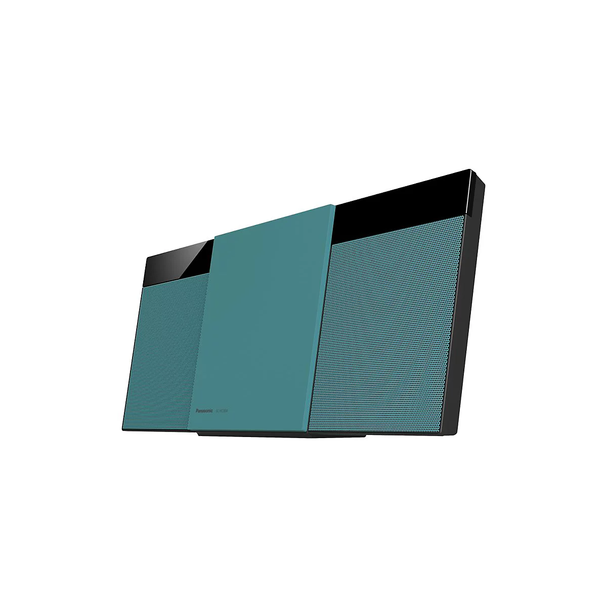 Flaches, modernes Panasonic Kompaktsystem in Türkis und Schwarz auf weißem Hintergrund.