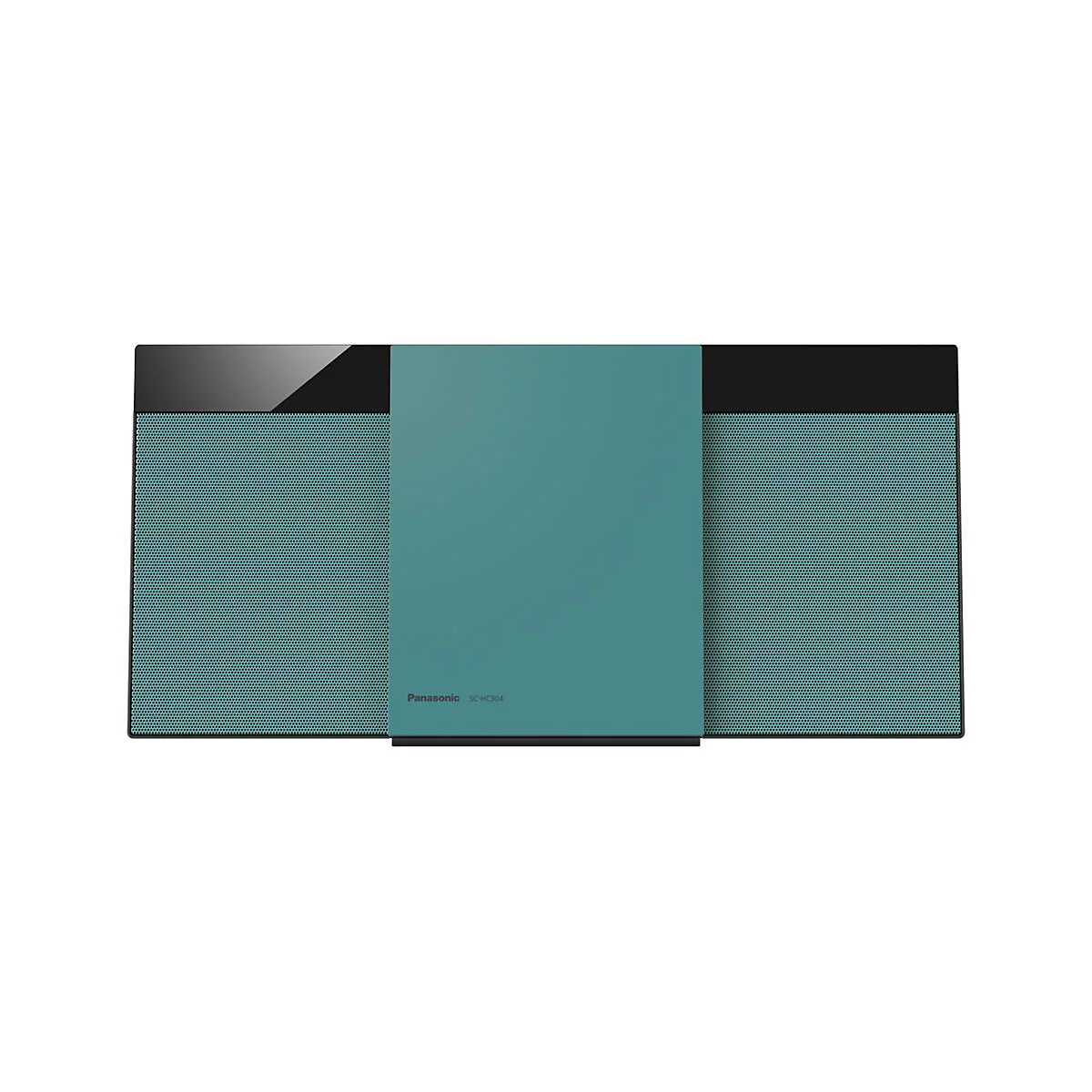 Flaches Panasonic Kompaktsystem SC-HC304 in Türkis mit zentraler Blende und zwei seitlichen Lautsprechergittern.