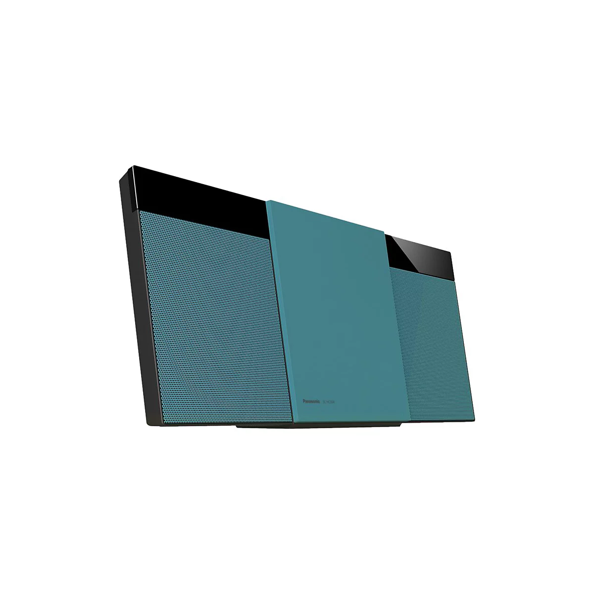 Flaches Panasonic-Audiosystem in Türkis und Schwarz vor weißem Hintergrund.