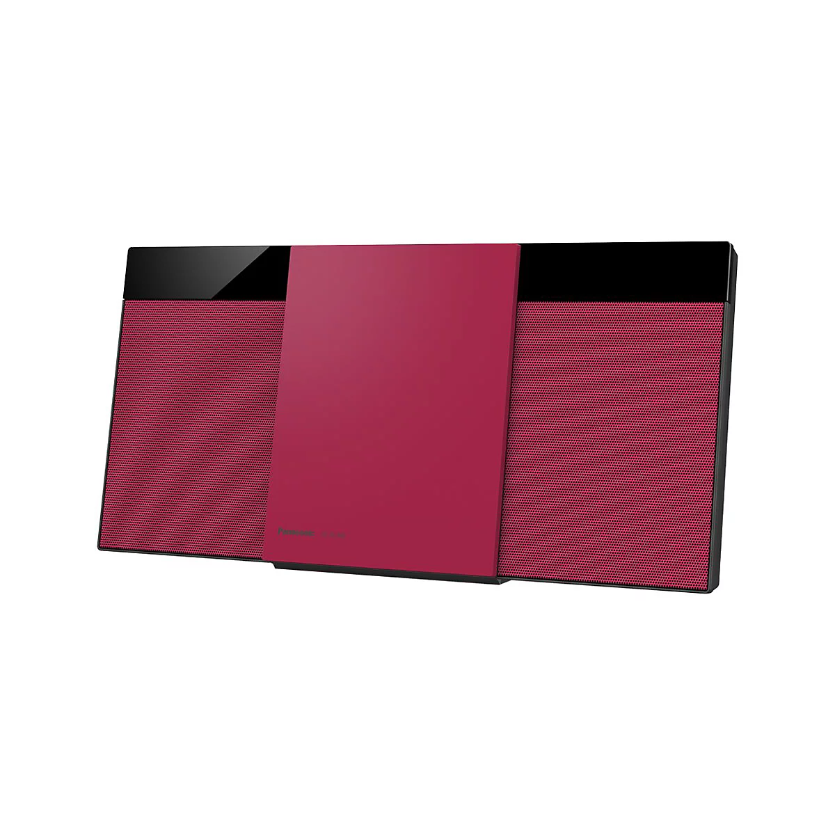 Flaches, rotes Panasonic Audiosystem mit schwarzem Rahmen und Lautsprechergitter vor weißem Hintergrund.