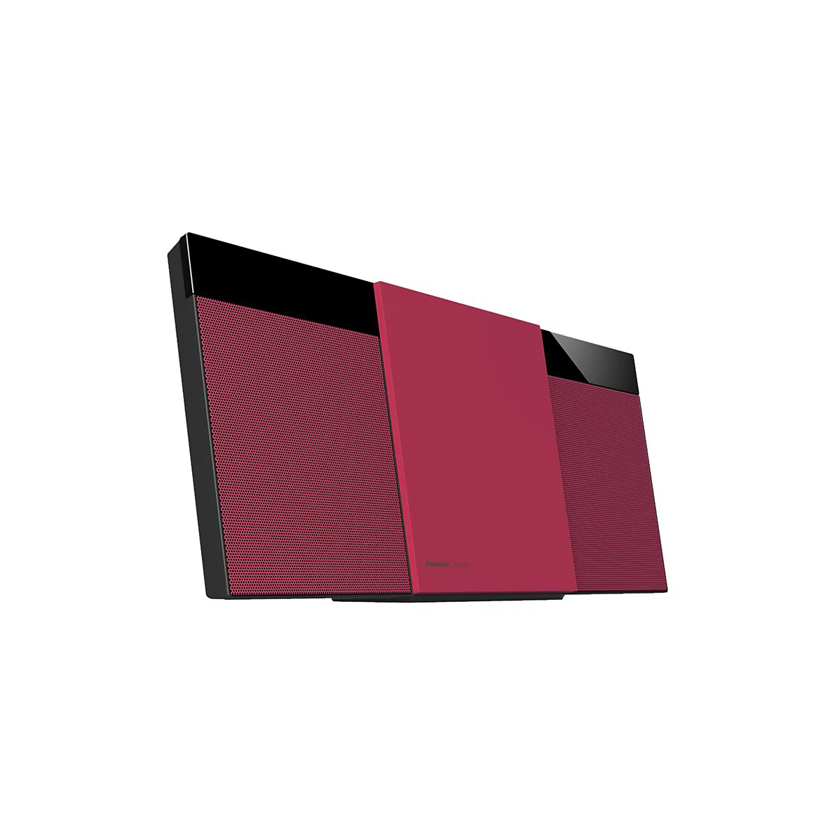Modernes, rotes Musiksystem von Panasonic in flachem Design vor weißem Hintergrund.