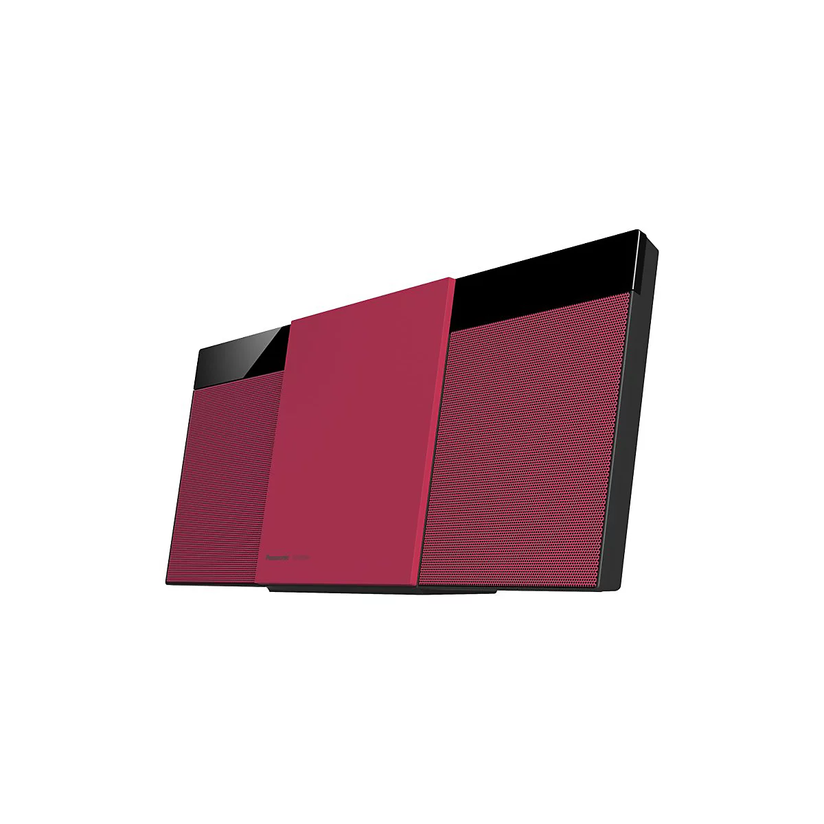 Schlankes Panasonic Soundsystem in Magenta und Schwarz vor weißem Hintergrund.