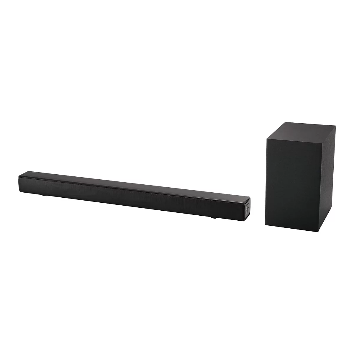 Schwarze Soundbar mit einem separaten, vertikalen Subwoofer vor einem weißen Hintergrund.