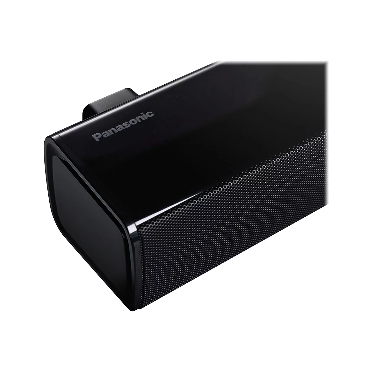 Nahaufnahme einer schwarzen Panasonic Soundbar mit glänzender Oberfläche und Lautsprechergitter.