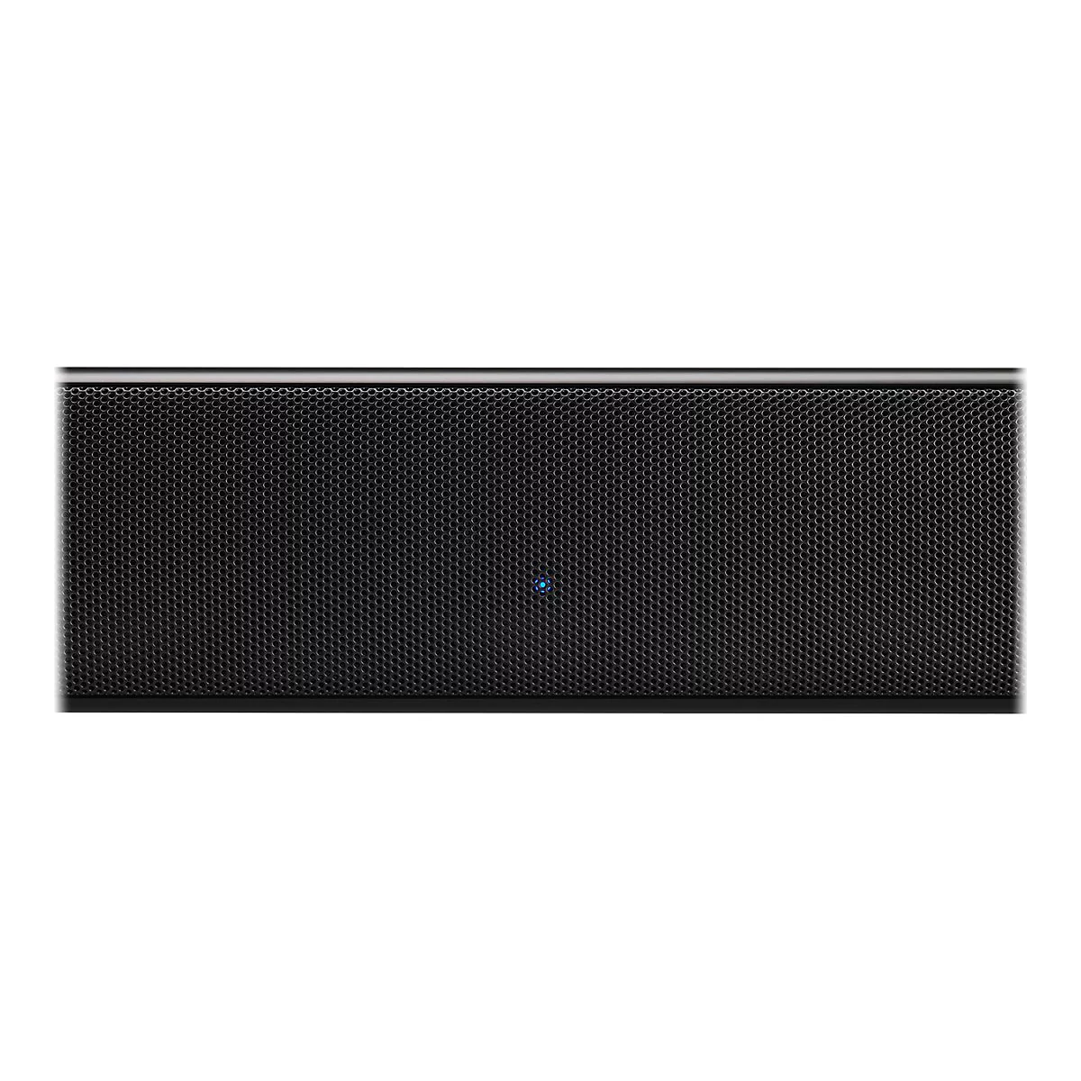 Schwarze Soundbar-Front mit perforiertem Metallgitter und einer zentralen, blauen Status-LED.