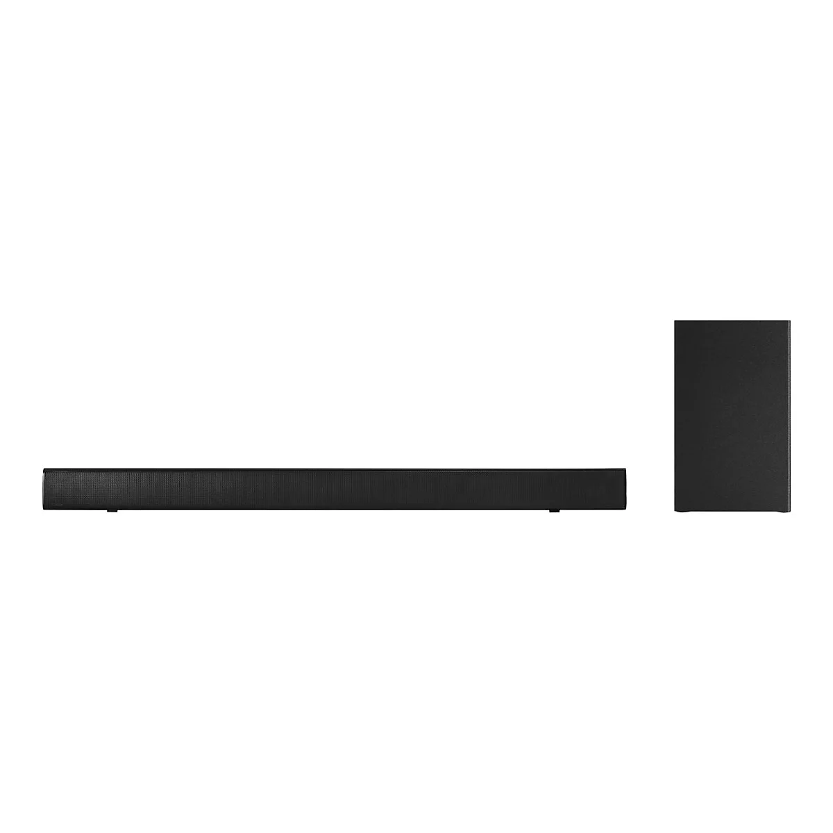 Schwarze Soundbar mit separatem, rechteckigem Subwoofer vor weißem Hintergrund.