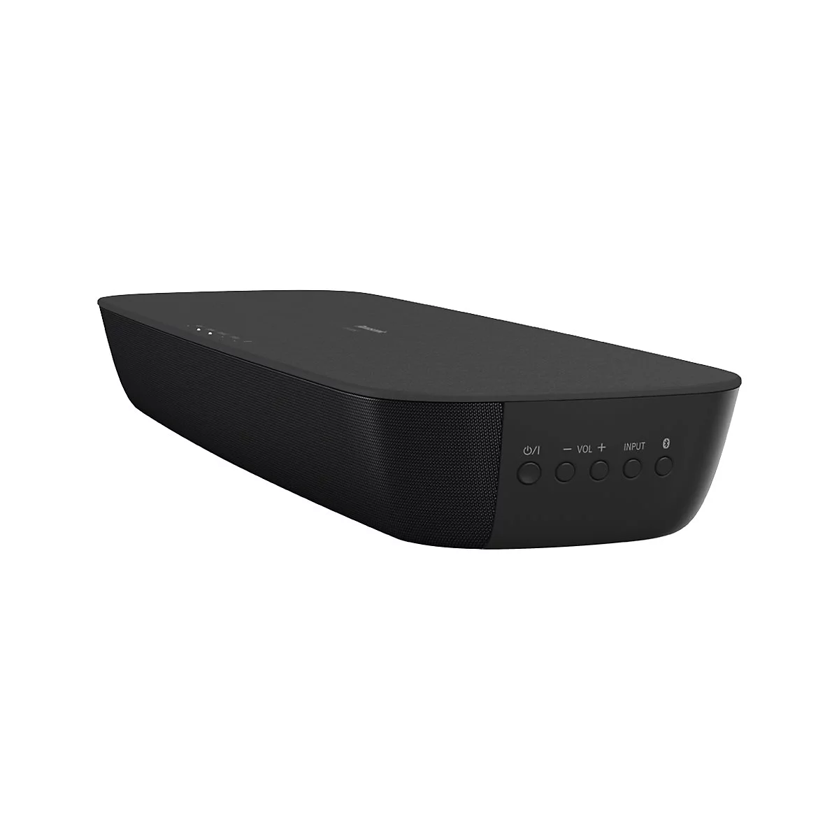 Schwarze Soundbar, leicht von oben gesehen. Knöpfe mit Symbolen und Text: Ein/Aus, Lautstärke, Eingang, Bluetooth.