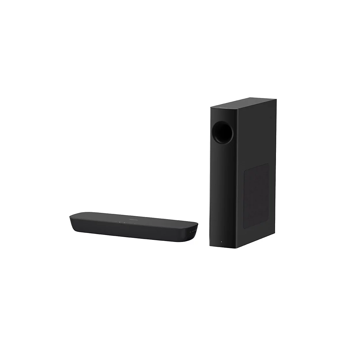 Schwarze Soundbar und Subwoofer vor weißem Hintergrund. Die Soundbar ist flach und länglich, der Subwoofer hoch und rechteckig.