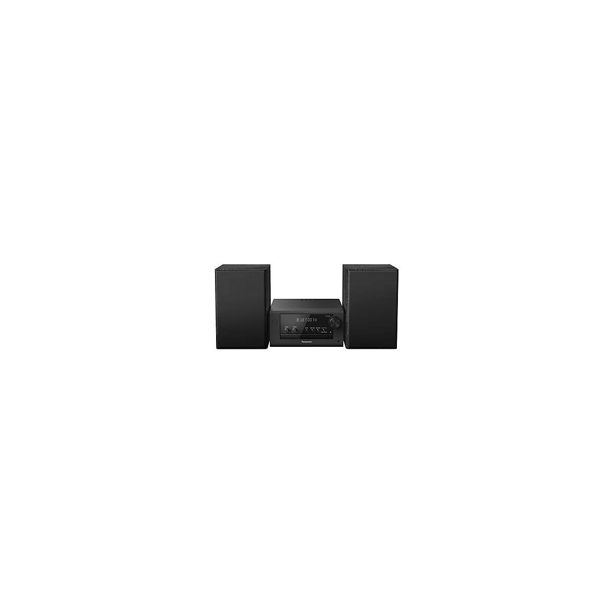 Schwarze Stereoanlage mit zwei Lautsprechern. Auf dem Display steht 'Bluetooth'.