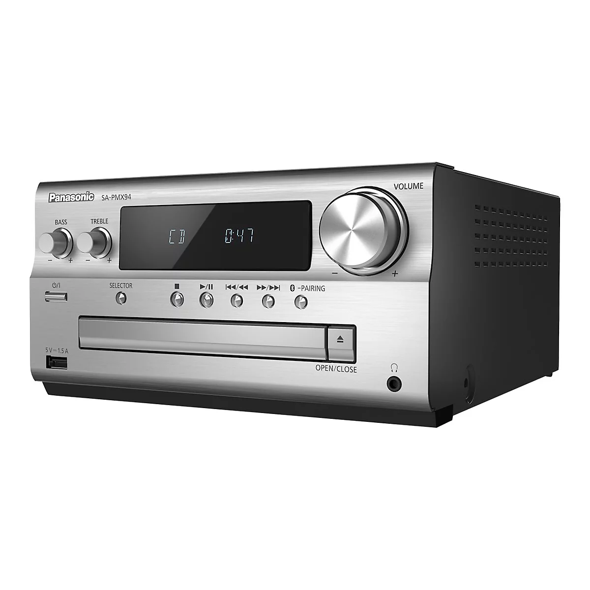 Silberne Mini-Hifi-Anlage, Bedienfeld mit Knöpfen und Display, CD-Fach. Aufschrift: Panasonic, SA-PMX94.