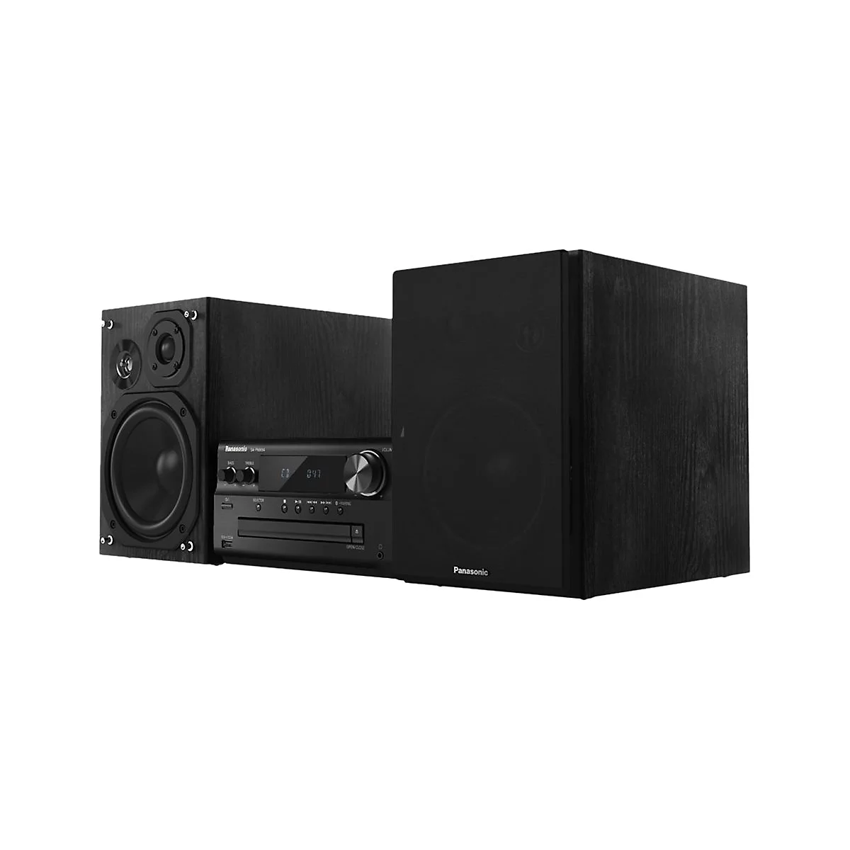 Schwarze Stereoanlage mit zwei Lautsprechern und einem Radio, das die Marke Panasonic trägt.