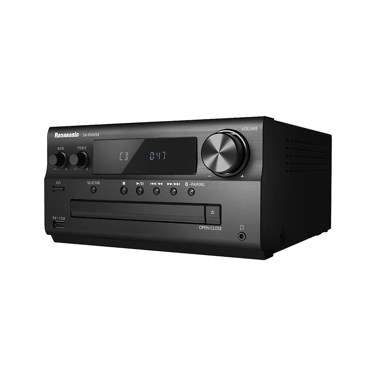 Schwarze Stereoanlage von Panasonic, mit Tasten und Display, die ein CD-Laufwerk und einen Lautstärkeregler enthält.
