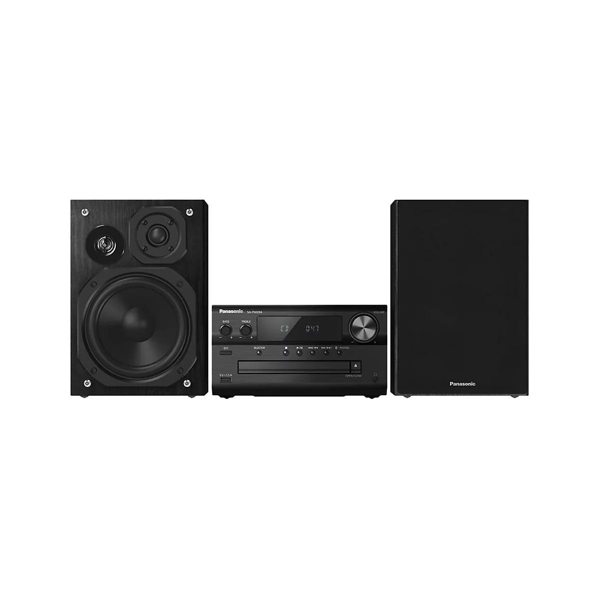 Schwarze Stereoanlage mit zwei Lautsprechern und zentralem Bedienelement. Details sind sichtbar: Knöpfe, Display, und das Panasonic-Logo.