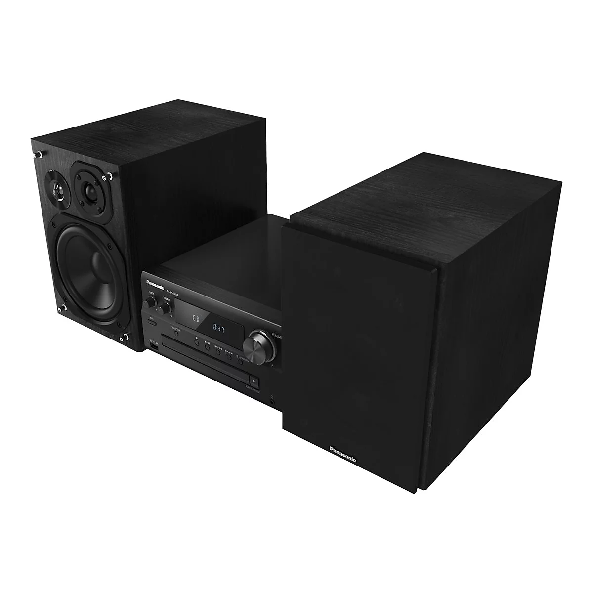Schwarzes Stereo-Set mit zwei Lautsprechern und zentralem Bedienelement, Digitalanzeige.