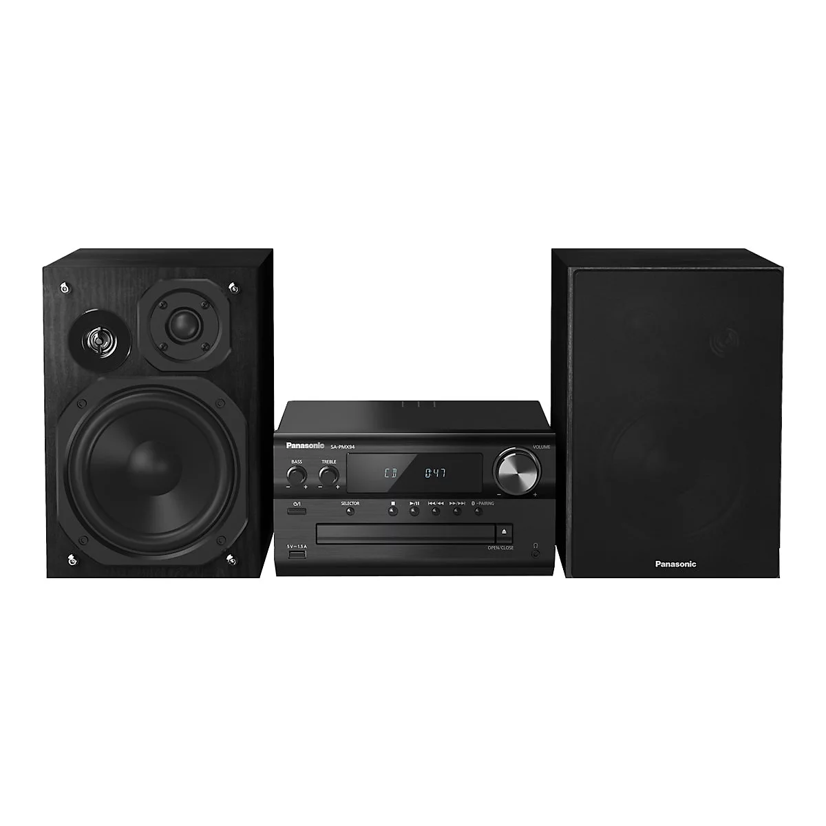 Schwarzes Stereo-Set mit Lautsprechern, Player und Schriftzug Panasonic.