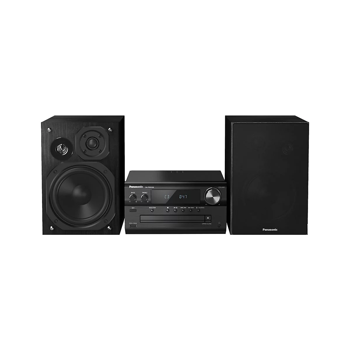 Schwarze Stereoanlage mit zwei Lautsprechern und einem CD-Player. Panasonic-Logo sichtbar.