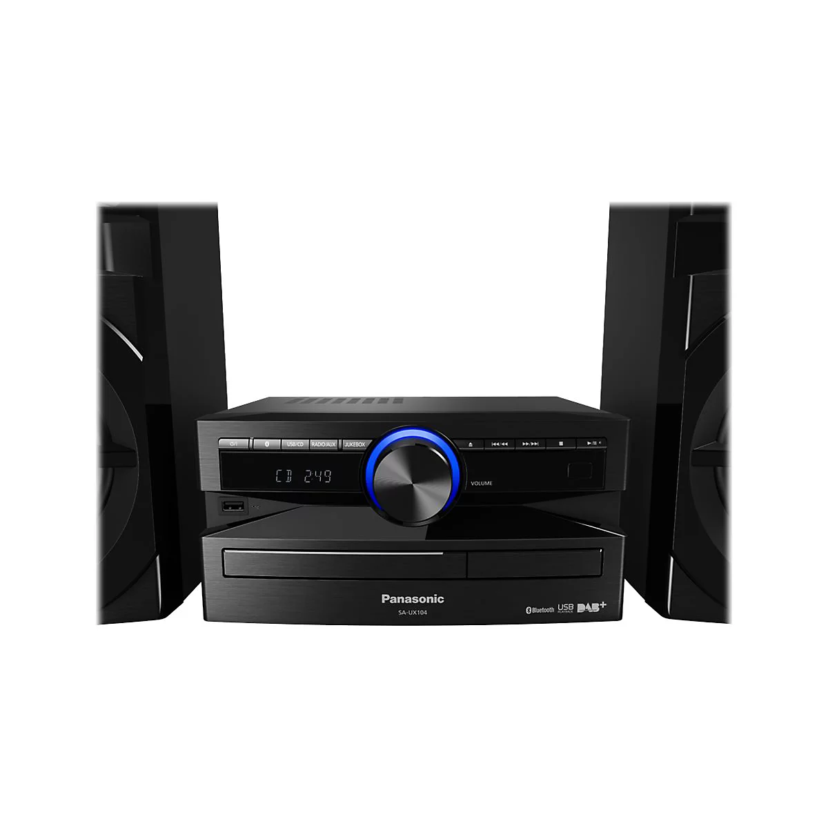 Schwarze Stereoanlage von Panasonic mit Lautsprechern. Auf dem Display ist „CD 249“ zu sehen. Blau beleuchteter Lautstärkeregler.
