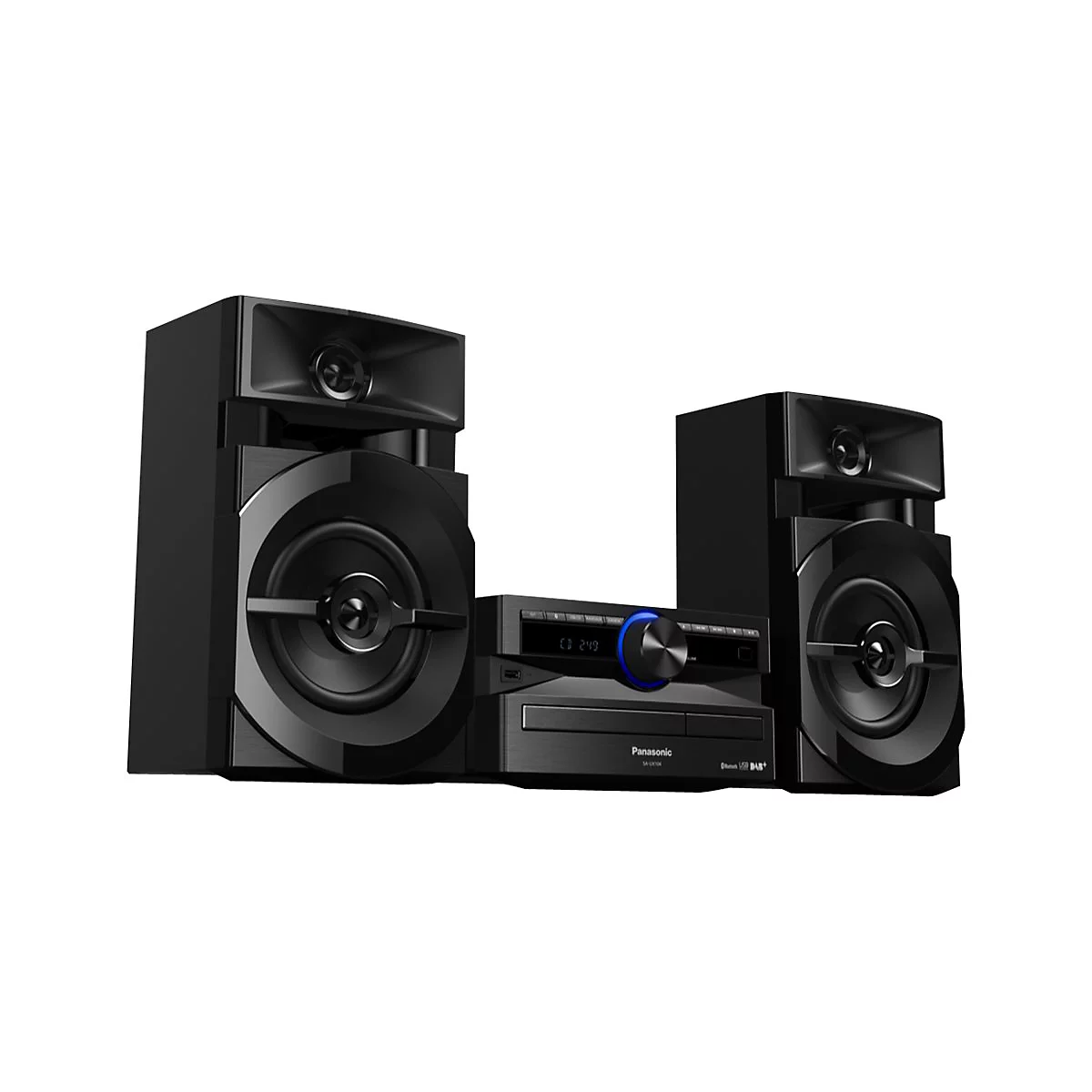 Schwarze Stereoanlage mit zwei Lautsprechern und einem CD-Player. Blaue Akzente. Panasonic-Logo.