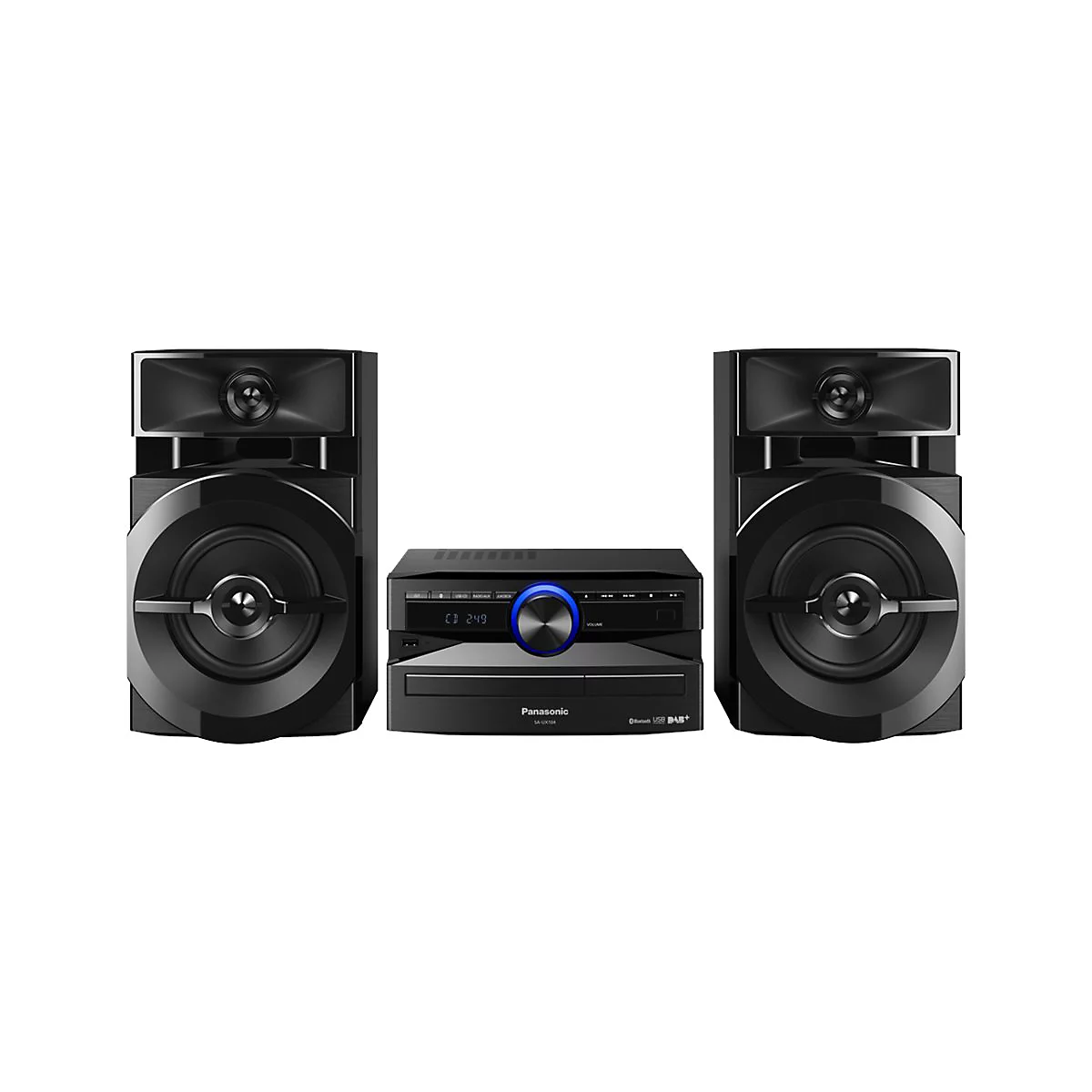 Schwarze Stereoanlage mit zwei Lautsprechern und einem CD-Player vor weiÃŸem Hintergrund.