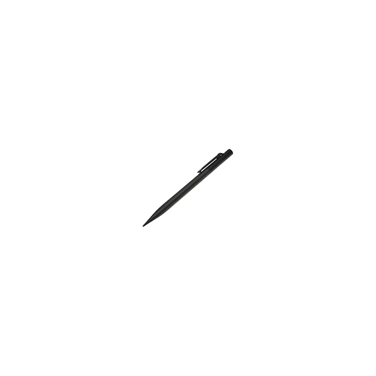 Schwarzer Kugelschreiber aus Metall mit Clip auf weißem Hintergrund.