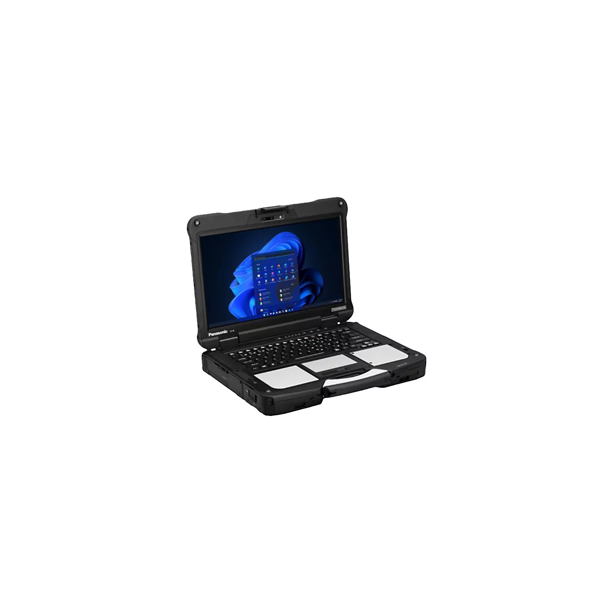 Schwarzes Panasonic-Notebook, geöffnet. Bildschirm zeigt Windows 11. Auf der Tastatur sind Touchpads und Tasten zu sehen.