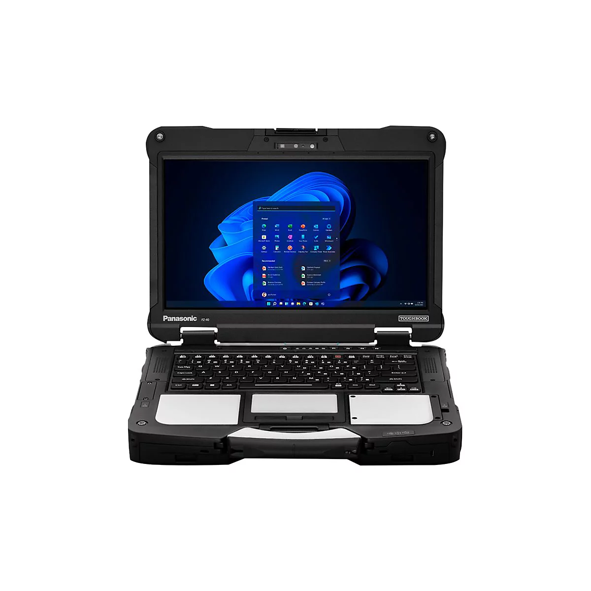 Schwarzes Panasonic Toughbook-Notebook mit Windows-Startbildschirm. Das Notebook ist robust und für den Außeneinsatz konzipiert.