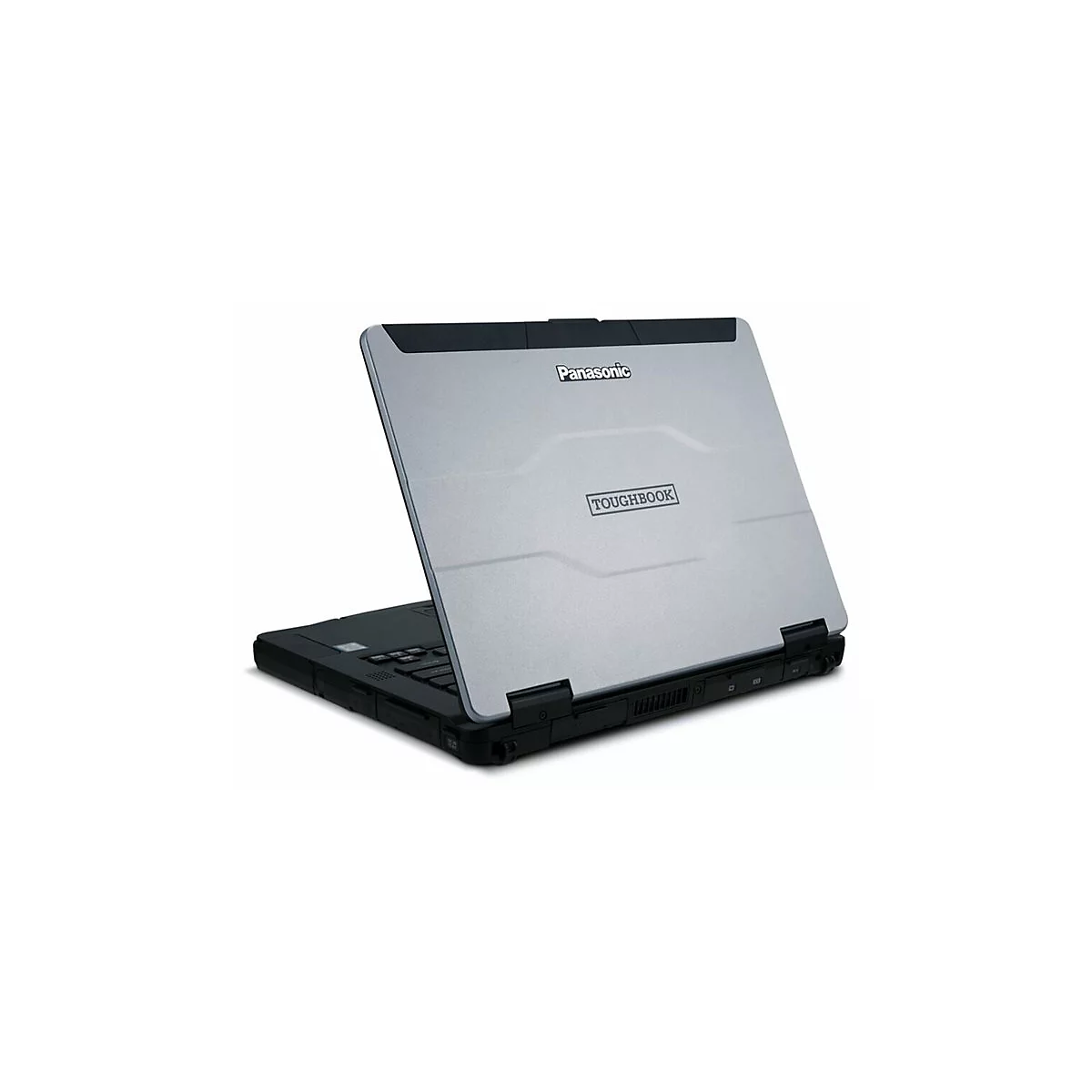 Ein grauer Panasonic Toughbook Laptop, leicht geöffnet, vor weißem Hintergrund. Der Laptop ist mit "Panasonic" und "TOUGHBOOK" beschriftet.