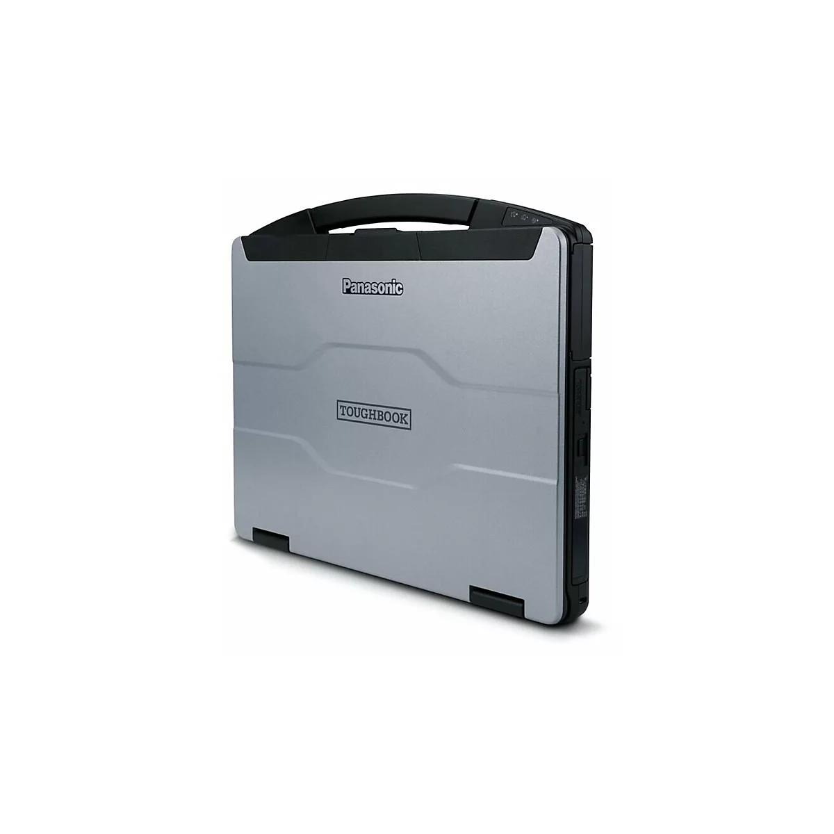 Silberner Panasonic Toughbook Laptop, schwarz umrandet. Mit Griff und "Toughbook" Schriftzug.