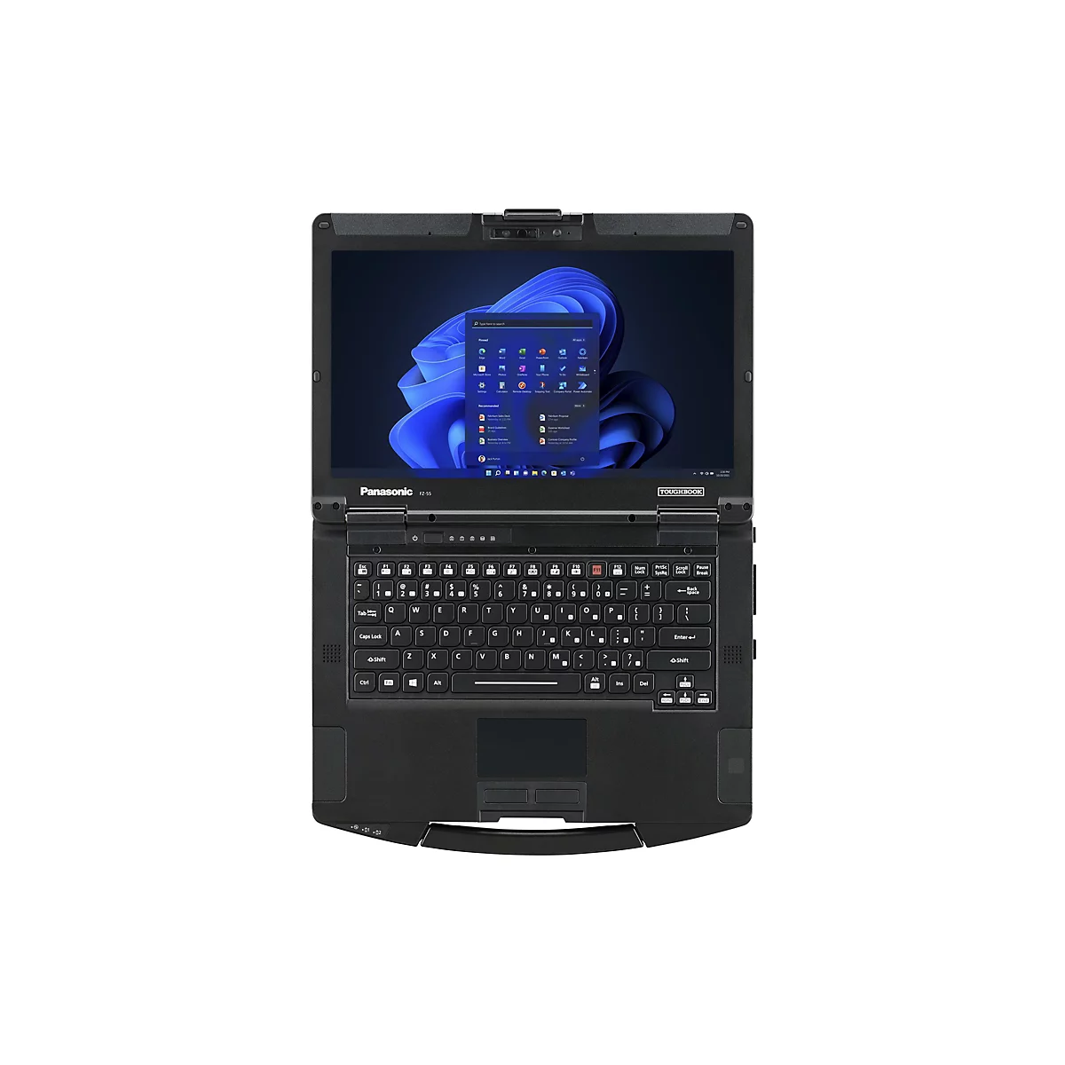 Ein schwarzes Panasonic Toughbook-Notebook, offen, mit Windows-Desktop-Oberfläche und Tastatur. Das Notebook ist auf einem weißen Hintergrund abgebildet.