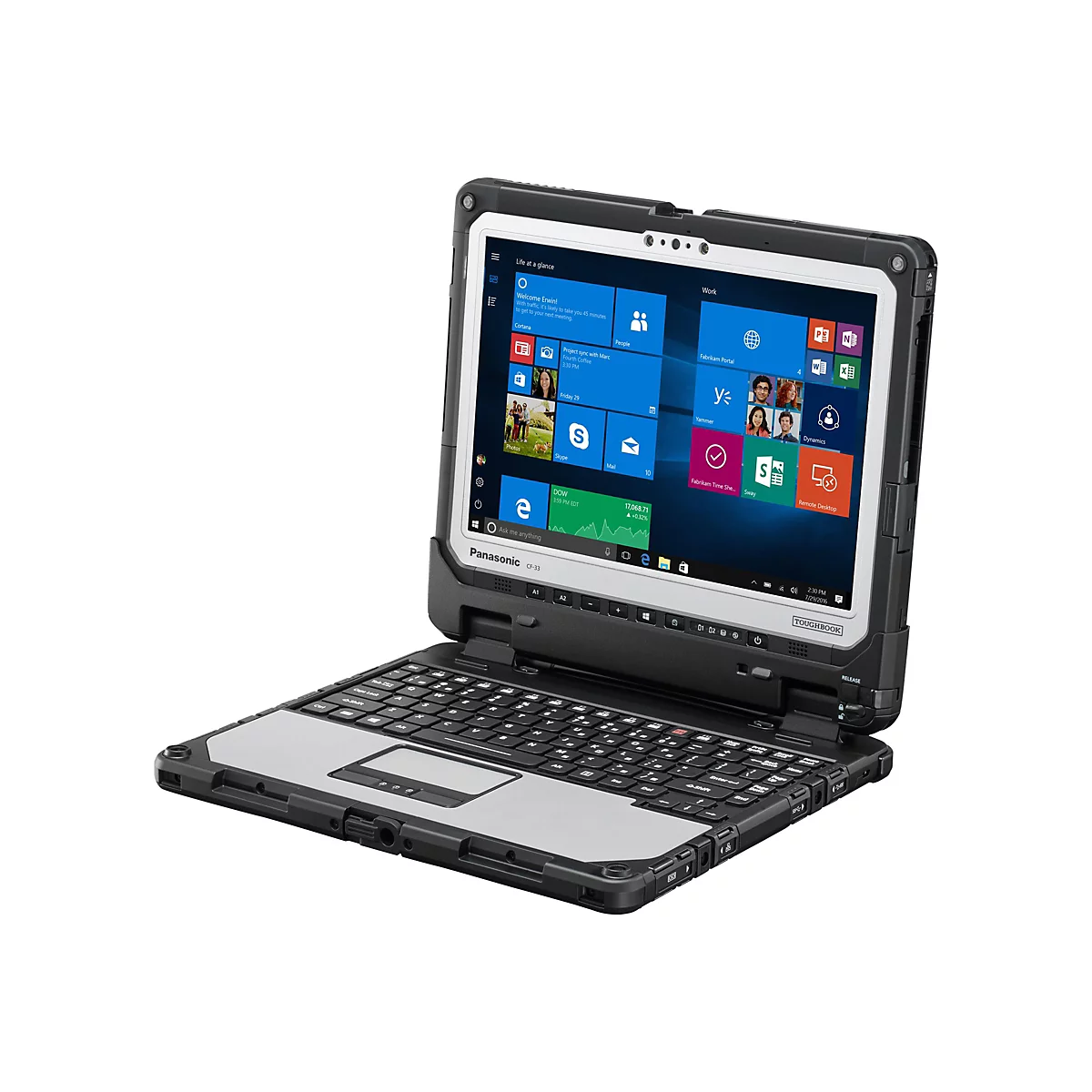 Ein robustes, schwarzes Panasonic CF-33 Laptop, das auf einem Tisch liegt und geöffnet ist. Auf dem Bildschirm werden Apps und Systeminformationen angezeigt, darunter ein Kalender, E-Mail und Aktienkurse.